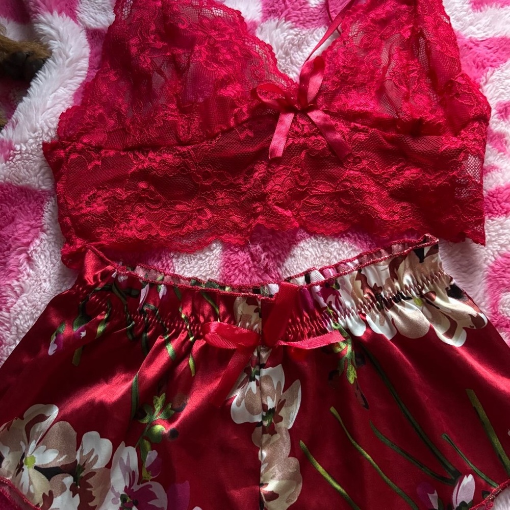 Elegant Red Lace Bralette and Floral Shorts Set
